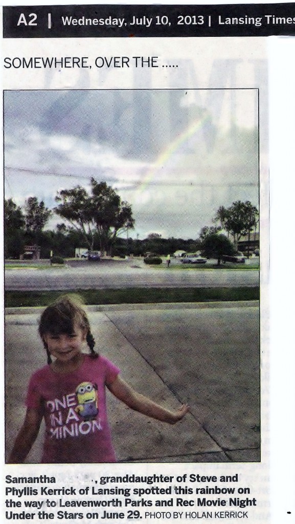 Samantha spotted this rainbow on the way to Leavenworth Parks and Rec Movie Night with Aunt Ha.