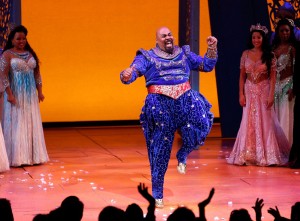 NEW YORK, NY - MARCH 20:  Actor James Monroe Iglehart takes a bow during curtain call at the the "Aladdin" On Broadway Opening Night at New Amsterdam Theatre on March 20, 2014 in New York City.  (Photo by Jemal Countess/Getty Images)